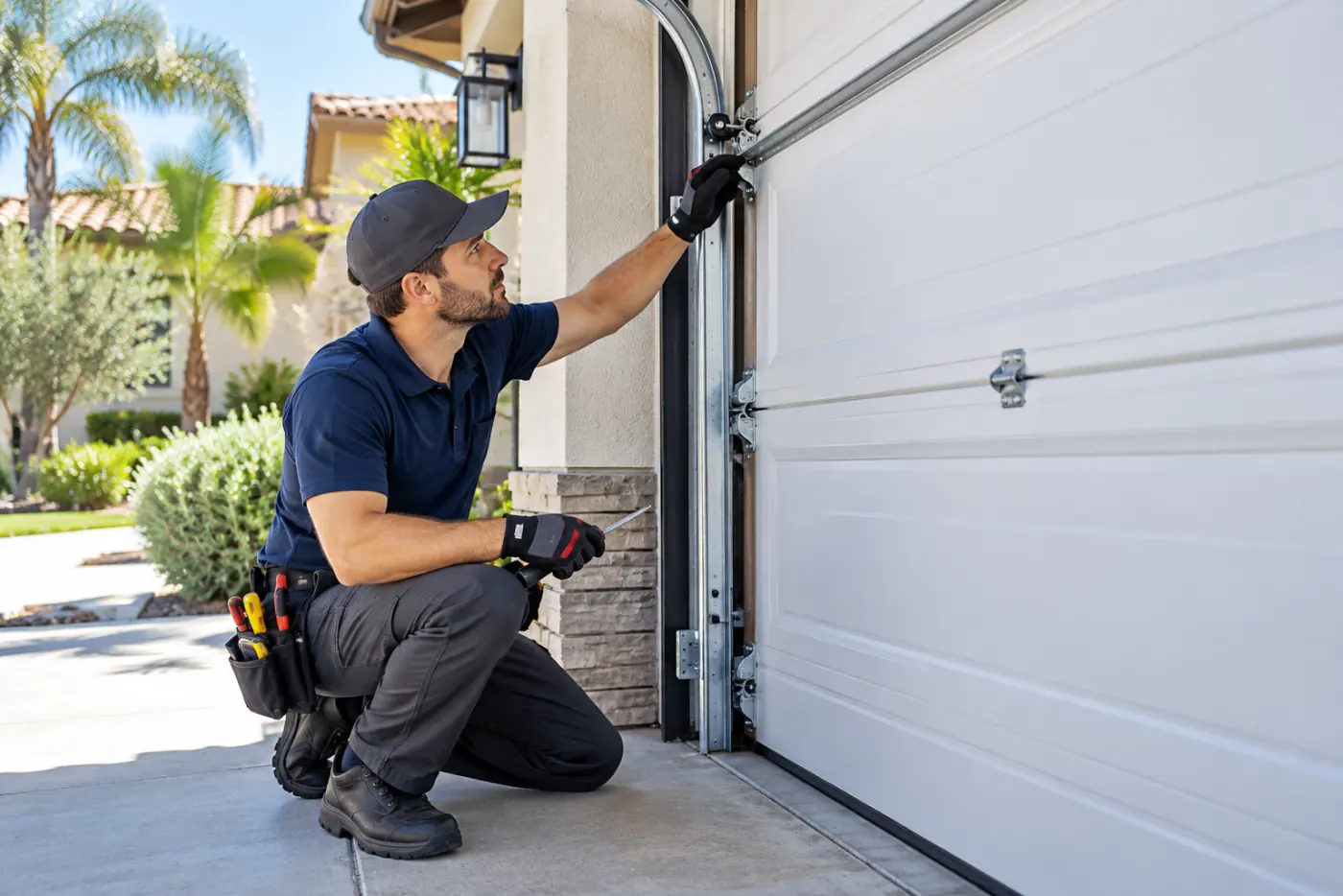 Garage door repair technician inspecting a residential garage door in Orange County