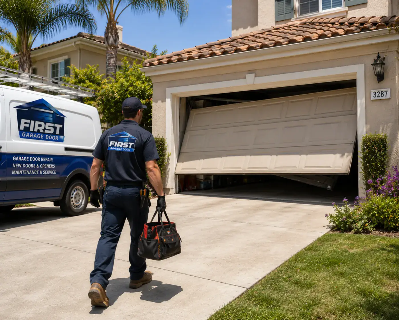 Emergency garage door repair technician responding to a stuck residential garage door