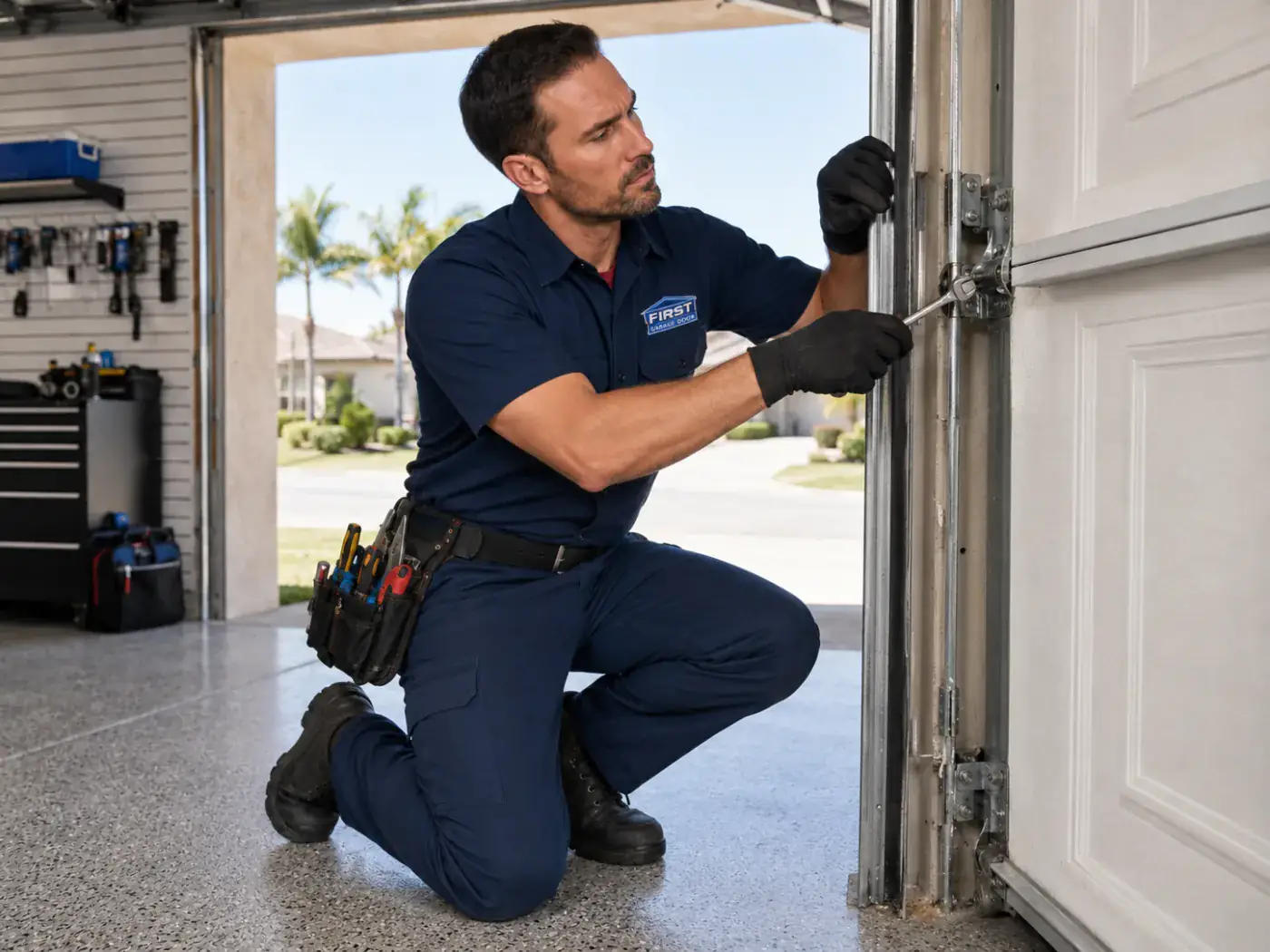 Technician assessing garage door damage during emergency repair service