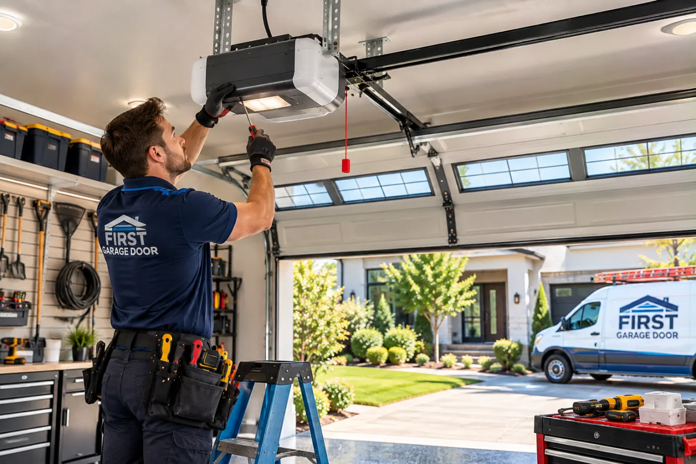 Technician preparing residential garage door motor installation