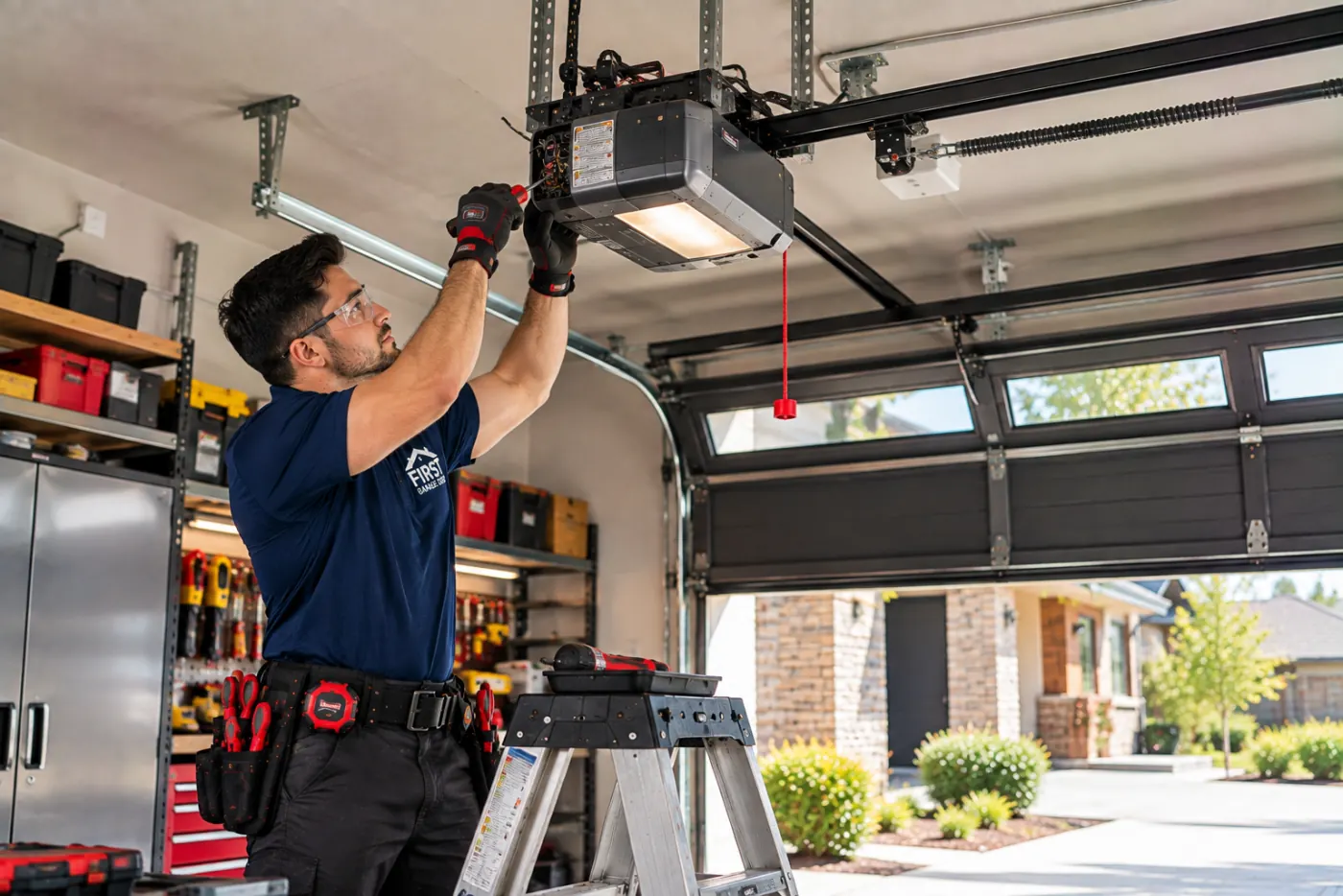 Garage door opener motor being inspected