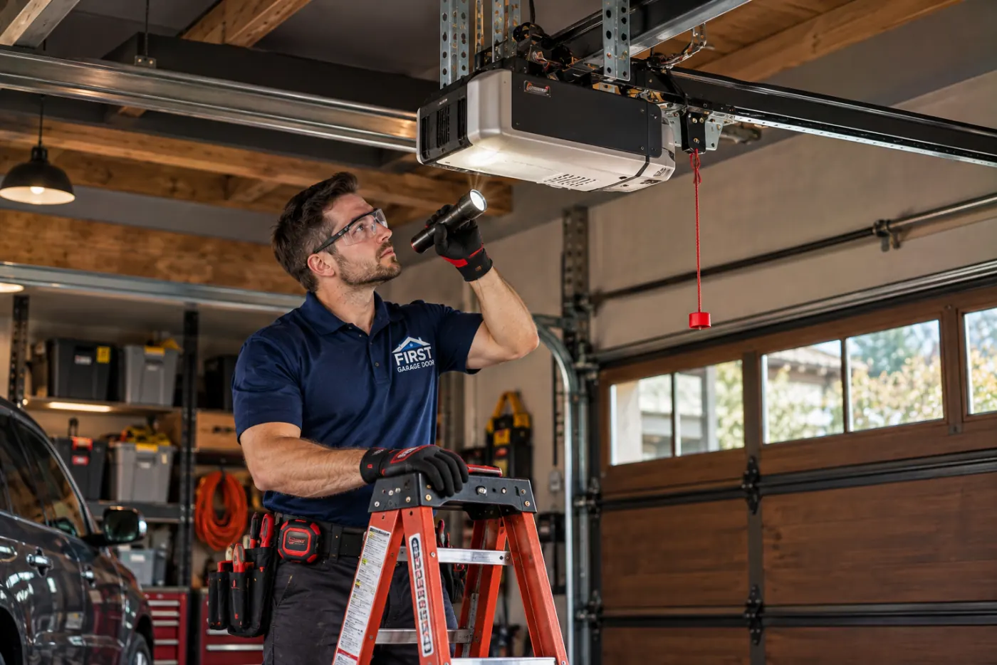 Technician inspecting a garage door motor before replacement in Irvine, Los Angeles