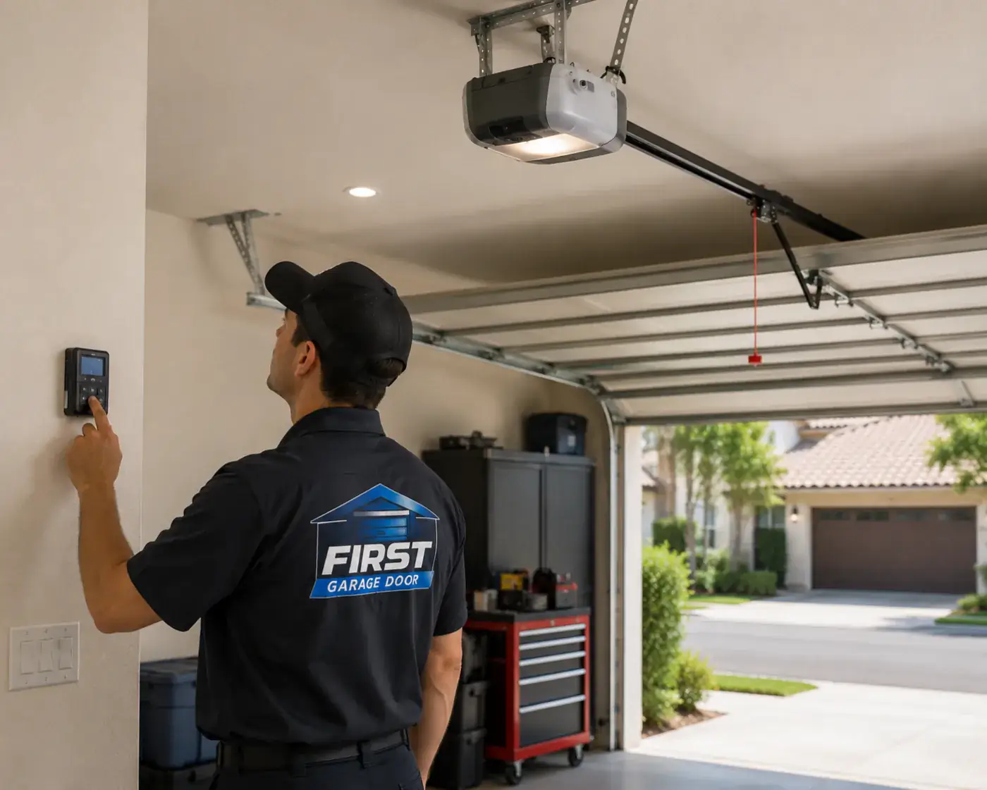 Technician diagnosing a residential garage door opener problem