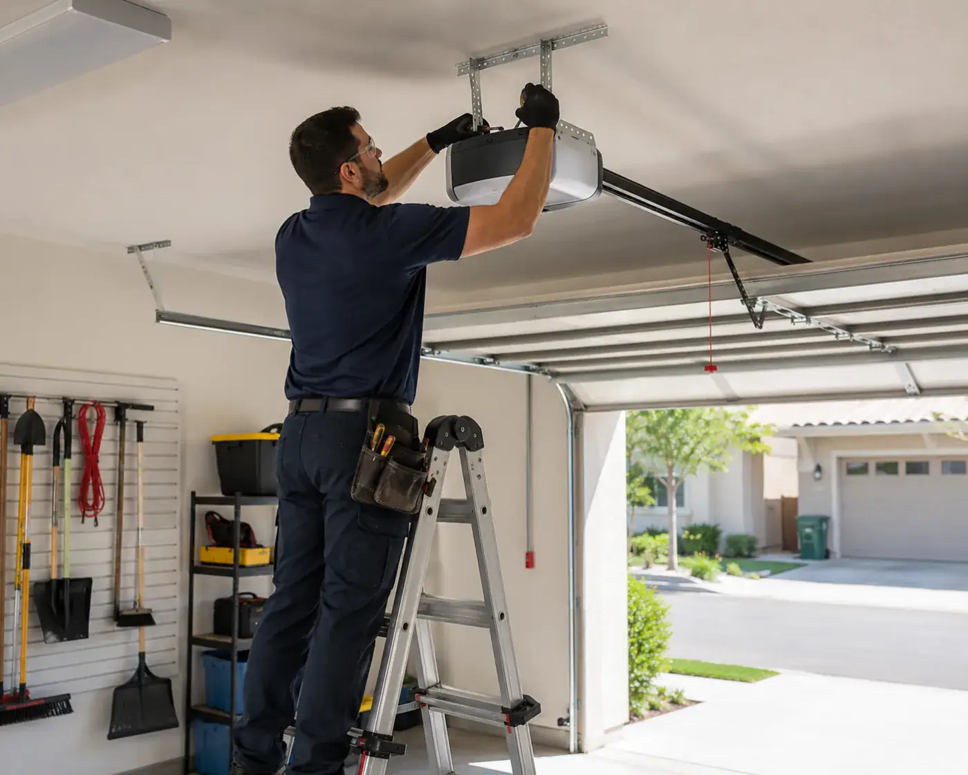 Technician testing garage door opener operation