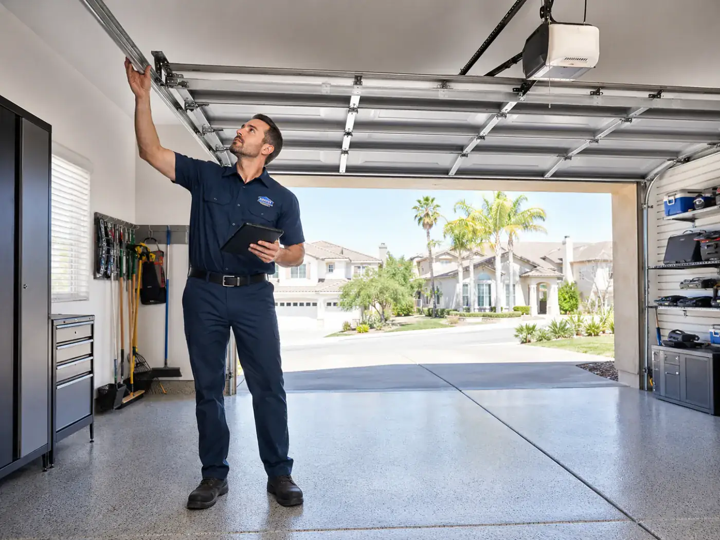 Garage door repair technician inspecting residential garage door in Orange County
