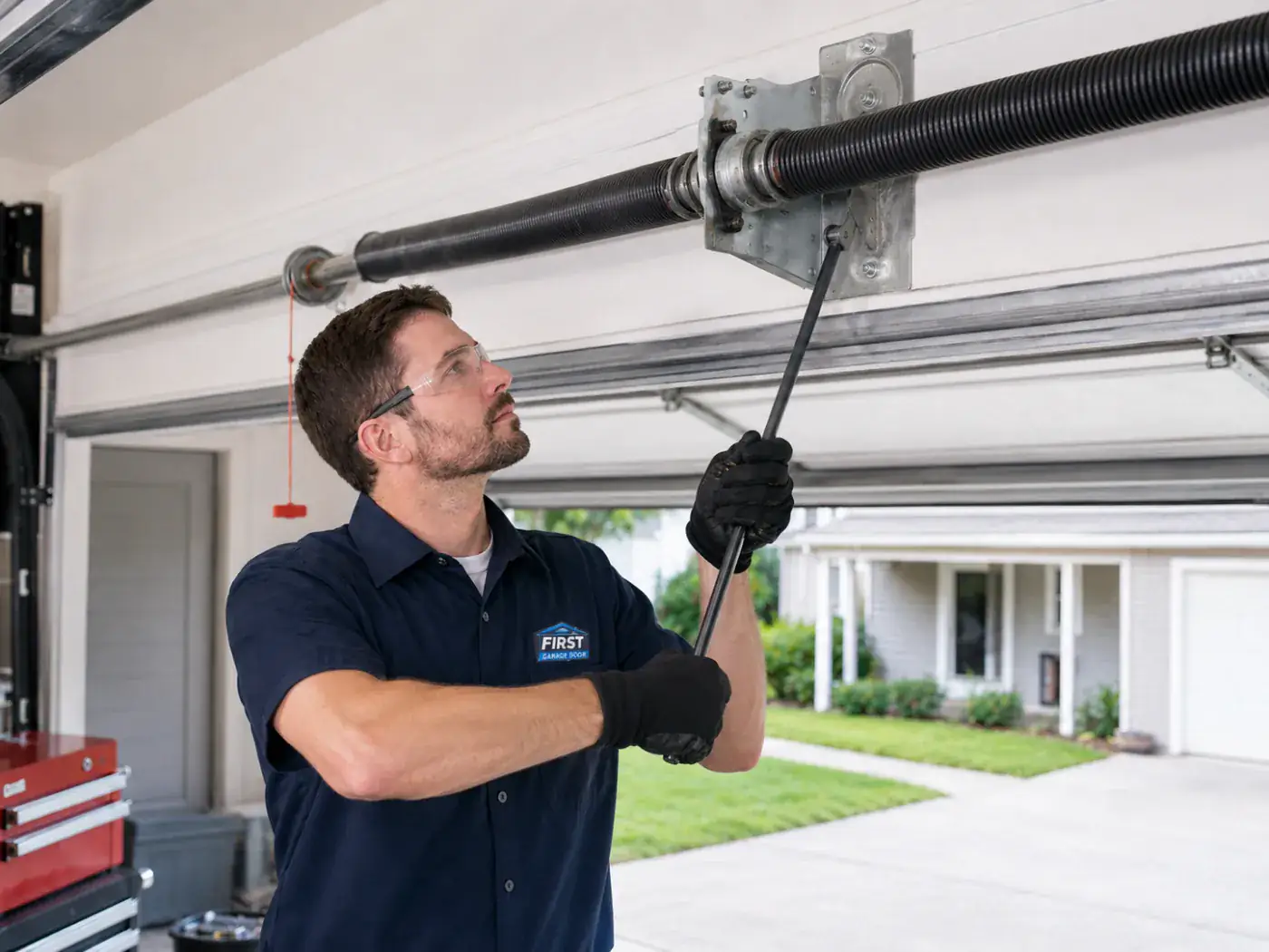 Technician performing garage door spring replacement service