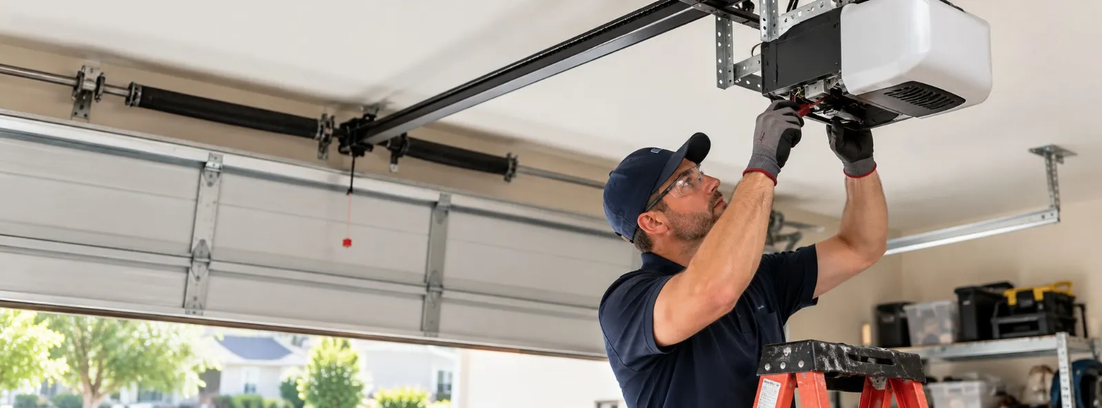 Garage door repair technician wearing safety glasses and gloves servicing a ceiling-mounted automatic garage door opener while standing on a ladder inside a residential garage.