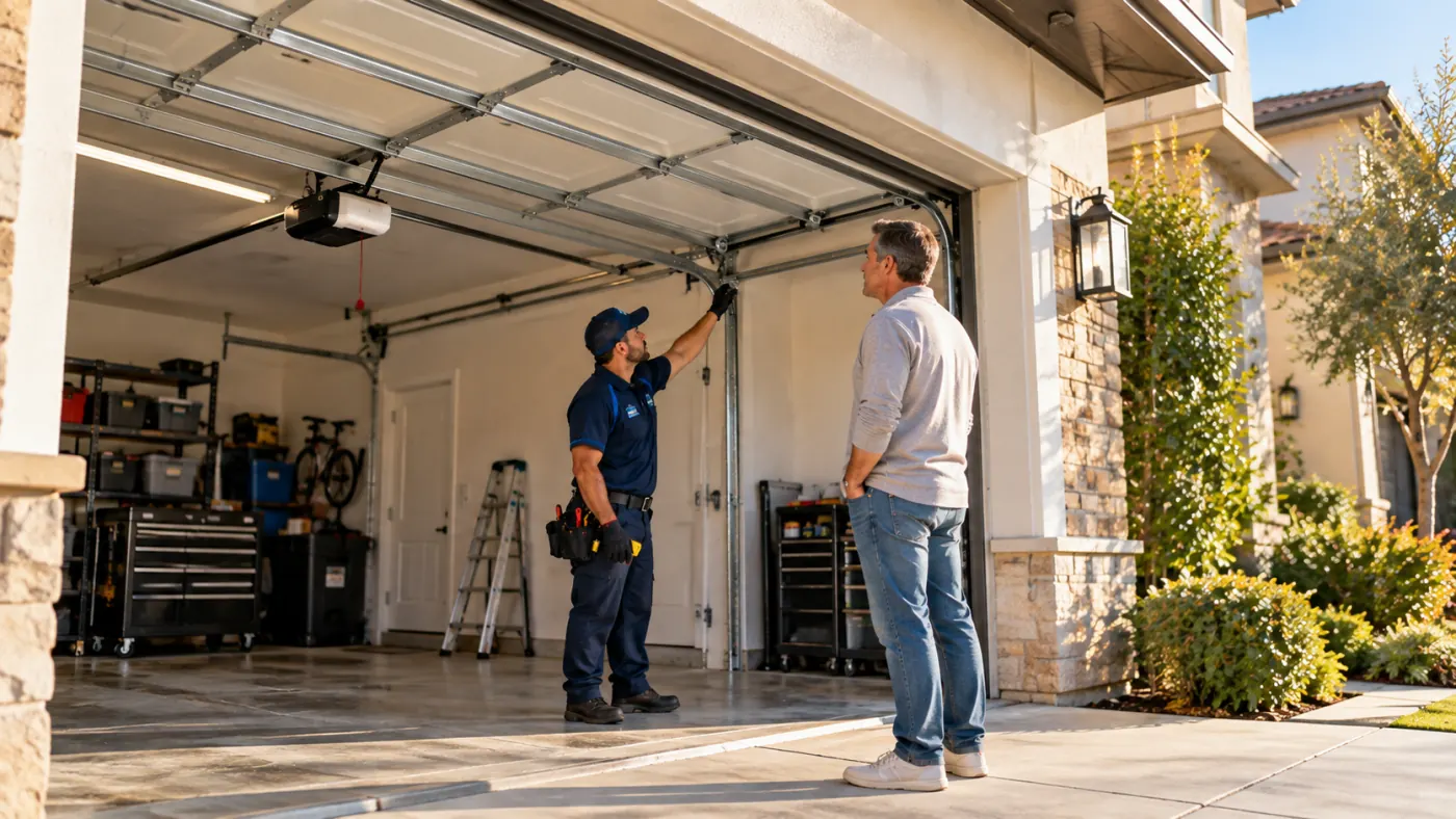 First Garage Door technician discussing residential garage door service with a homeowner